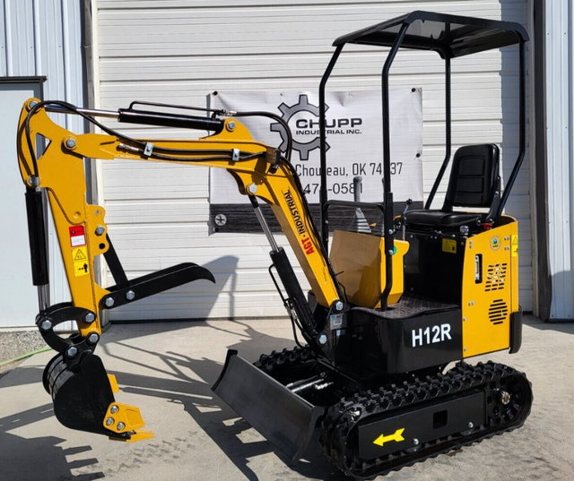 Yellow AGT H12R 1-ton mini excavator with toothed bucket, fixed thumb, canopy, backfill blade and rubber tracks