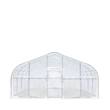 White 20x20 tunnel greenhouse gable end, center walk-through door, hoop frame visible through the cover