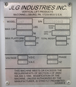 JLG Industries 12SP data plate: 500 lb capacity, 12 ft max platform height, 2003, serial ending 0692