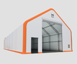 White fabric building with orange trim, roll-up door raised to show steel truss frame