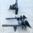 Wolverine hydraulic auger with motor head, 12-inch and 18-inch drill bits displayed