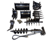 Black mini excavator attachment set: three buckets, thumb, rake, ripper tooth, two auger bits and hydraulic auger drive