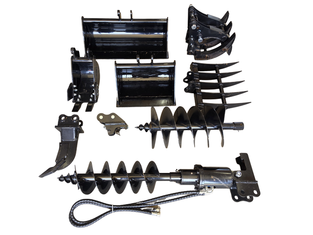 Black mini excavator attachment set: three buckets, thumb, rake, ripper tooth, two auger bits and hydraulic auger drive