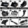 Nine labeled black mini excavator attachments: 32in, 20in, 8in buckets, grapple, root rake, ripper tooth, coupler, two augers