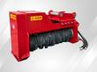 Red Raytree excavator mulcher with black toothed rotor exposed, 35-65 GPM decal and hydraulic hoses