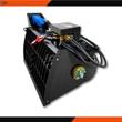 AGT hydraulic cement mixer bucket, black drum with bag-cutter grille, blue drive motor, control box and hose bundle