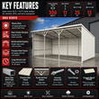 Key features graphic for the 25x12 livestock shed: 14-gauge frame, 26-gauge panels, SKU K2512