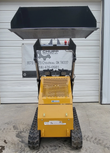 AGT MX-MRT14 mini skid steer with the loader arms raised and the bucket at full dump height over the tracks