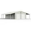 Cream steel car garage with open lean-tos on both sides, double roll-up doors and a window