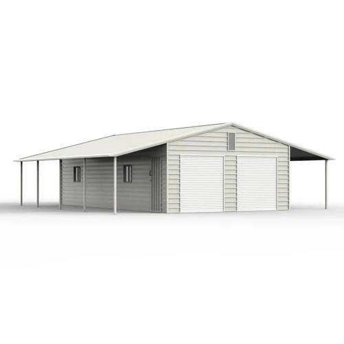Cream steel car garage with open lean-tos on both sides, double roll-up doors and a window