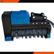 Raytree 32-inch excavator drum mulcher, blue and black, carbide teeth on open drum, pin-on mount