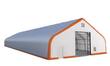White dual-truss fabric building render with orange trim, gable ends and a large open end door