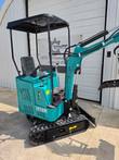 CFG H16R mini excavator, rear-quarter view, canopy up, bucket and thumb attachment lowered