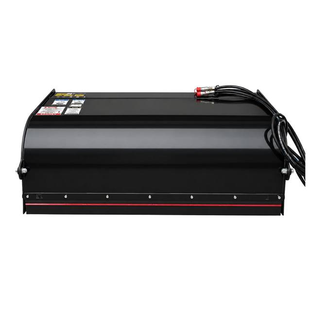 Mower King 72-inch box broom, black steel hood with hydraulic hoses and flat-face couplers