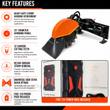 Wolverine stump grinder features graphic: 25-inch wheel, 32 carbide teeth, skid steer quick attach, 12V power pack