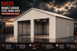K4525 steel double-garage shed, cream panels, exterior 3/4 view with garage doors open