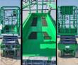 Green scissor lift: rear view, the deck with anti-slip strips and coiled control cable, and the front with guardrails