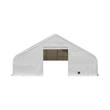 50x100x23 dual truss PVC fabric building, solid white cover with the winch door open and a man door beside it