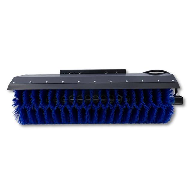 Arteer angle broom, full brush width shown: blue poly bristles, black hood and end-mounted hydraulic motor