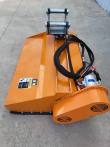 Orange flail mower deck from above with black excavator mount bracket and pins, motor and hoses