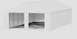White 45x25 steel barn garage render, two open bays showing the interior frame trusses
