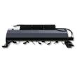 Wolverine tiller attachment: rows of curved tilling tines under a steel hood, hydraulic hoses and end skid shoes