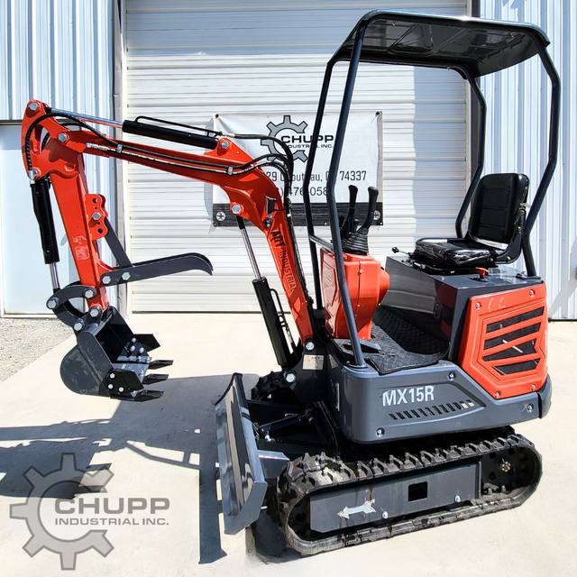 MX15R 1 ton mini excavator, orange with black canopy, rubber tracks, dozer blade and toothed bucket with thumb