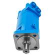 Blue hydraulic orbital motor viewed from the shaft end, splined shaft and 4-bolt flange, ports at the top