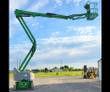 Green Genie articulating boom lift, boom folded up and reached out level with the work platform at the far end