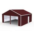 Red-brown 22x23x13 steel double garage, two door openings and side door open, 3/4 view