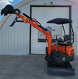Orange ATS-ME18 mini excavator with thumb bucket, boom raised