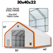 Dimension diagram of the 30x40x22 dual truss PVC building: 22ft peak, truss frame inset closeup