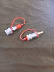 Hydraulic tank quick-connect drain, male tank fitting and female coupler with barb, red dust caps