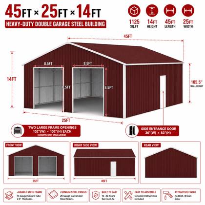 45x25x14 Metal Garage Barn Shed