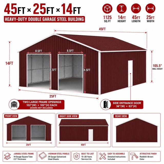 Dimension diagram of the 45x25x14 steel double garage: 102in openings, 36x83in side door