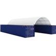 White dome-roof shelter spanning between two blue shipping containers