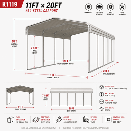 Dimension diagram of the 11x20 all-steel carport: 9ft height, 7.83ft wall height, 11ft opening
