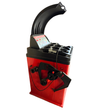 Red computer wheel balancer, rear 3/4 view, curved hood raised, weight cups, control panel and clamp arm