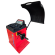 Red computer wheel balancer with raised black hood, weight-cup tray, control panel and bare threaded shaft