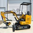 Yellow AGT H15 mini excavator with boom reaching out, curled digging bucket and thumb, blade lowered, black canopy