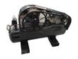 Black air compressor tank with mesh belt guard over the pump pulley and belt, on two rectangular steel skid feet
