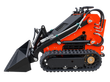 Orange AGT LRT23 tracked mini skid steer, side profile with bucket lowered, on a plain black background