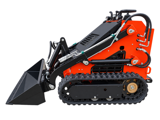 Orange AGT LRT23 tracked mini skid steer, side profile with bucket lowered, on a plain black background