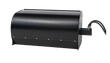 Black enclosed box broom sweeper, curved steel hood, bolted lower skirt panel, hydraulic hose couplers at the right end