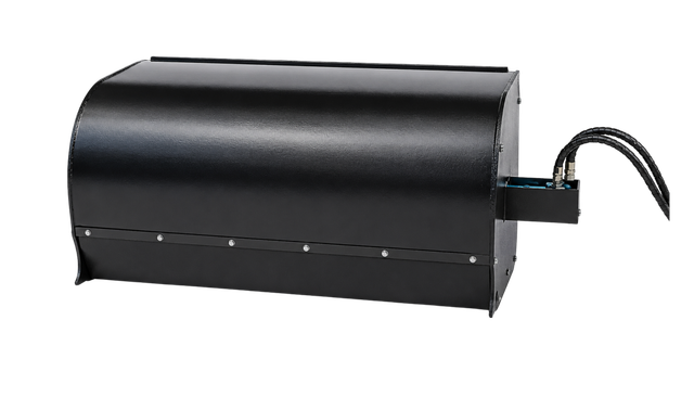 Black enclosed box broom sweeper, curved steel hood, bolted lower skirt panel, hydraulic hose couplers at the right end