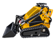 Yellow AGT MX-CRT23 tracked mini skid steer, side profile with bucket lowered, on a plain black background