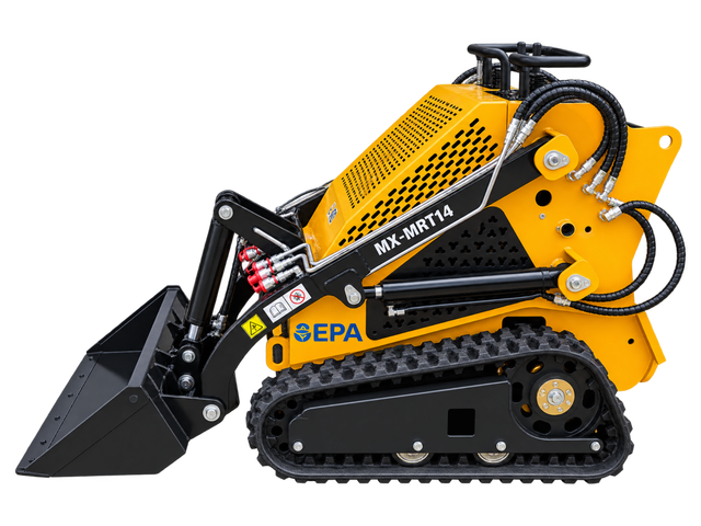 AGT MX-MRT14 stand-on mini skid steer with 44in bucket, yellow, rubber tracks