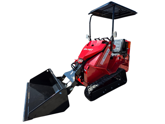 AGT SDA-140T mini skid steer, red, canopy up, loader bucket lowered, on white background