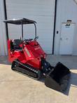 AGT SDA-140T mini skid steer, red, ROPS canopy up, loader bucket down