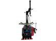 Red and black tire changer, front view with tower and mount arm, turntable, bead breaker pedal and foot pedals